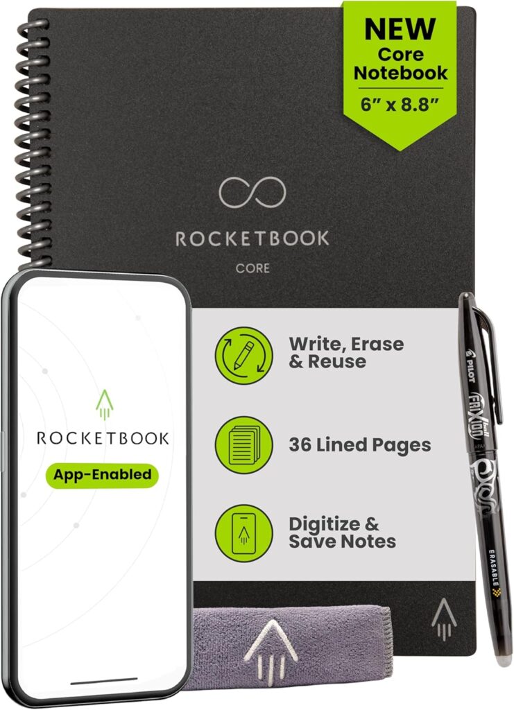 A black Rocketbook Core reusable notebook is shown with a pen, phone displaying the Rocketbook app, and a microfiber cloth. Perfect for fashion items for teens, it features a 6x8.8 size, write/erase/reuse pages, and easy note digitization.