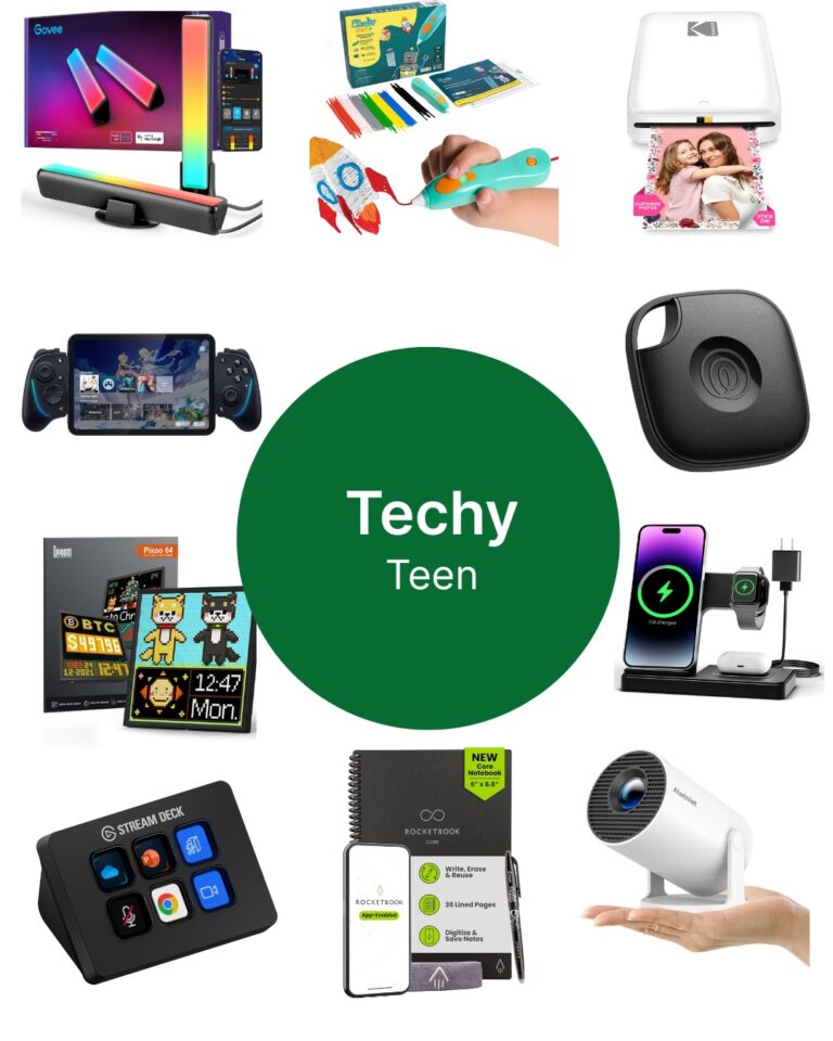 A collage of various gadgets and tech accessories for teens highlights top tech gifts for teens: lights, a drawing tablet, photo printer, handheld gaming console, Bluetooth tracker, smart display, wireless charger, mini projector, and notebook. Center text: Techy Teen.