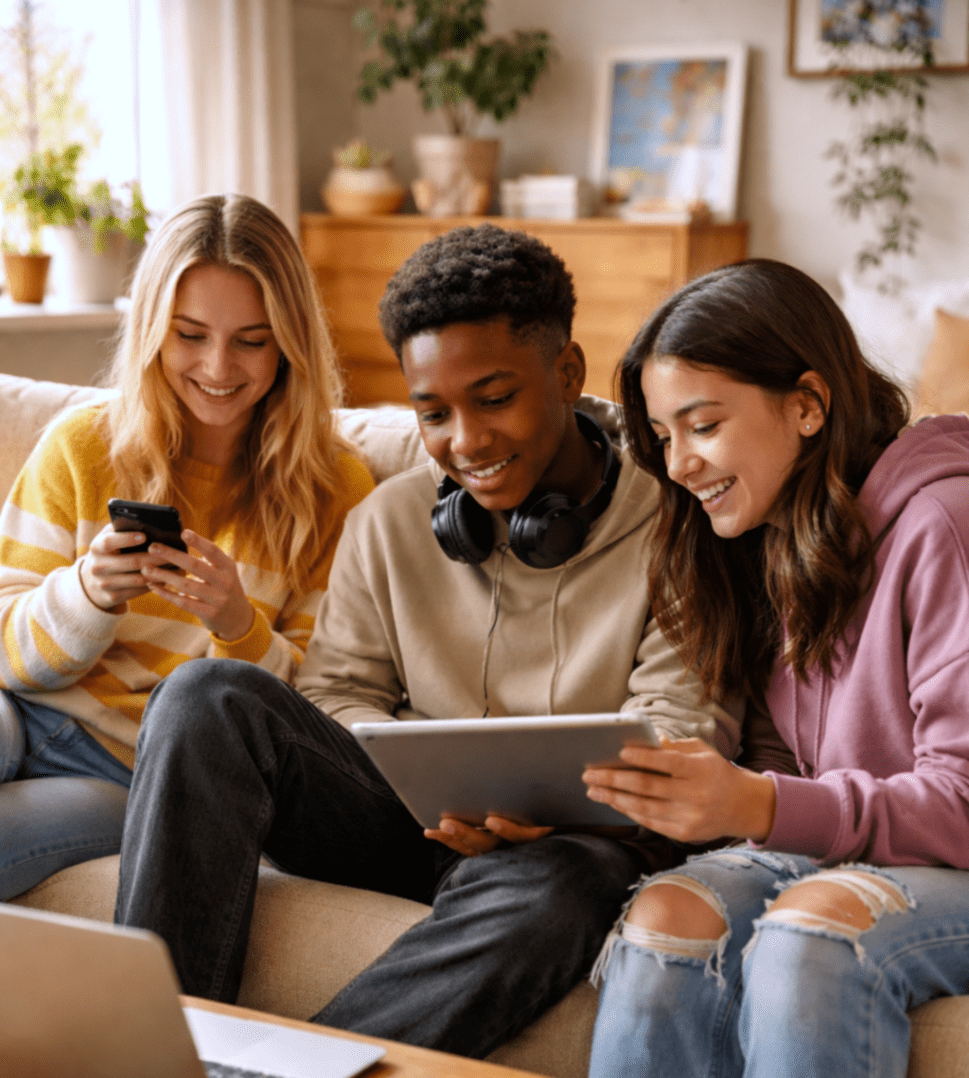 Three smiling teenagers sit on a couch at home, using electronic devices—perhaps exploring the latest children gift sets online. One holds a smartphone, another with headphones uses a tablet, while the third looks at the tablet. A laptop is open in front of them.