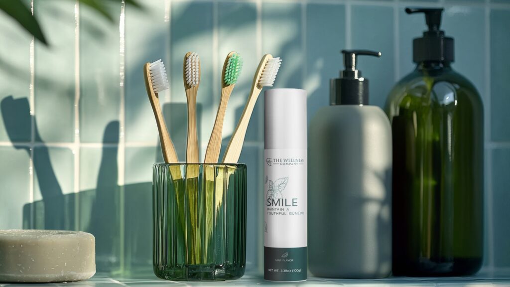Four bamboo toothbrushes in a glass, a tube of toothpaste, a soap bar, and two dispenser bottles are arranged on a tiled bathroom counter in natural light.