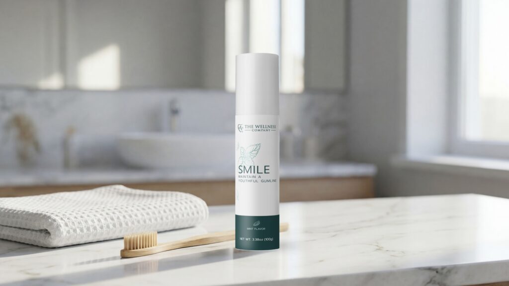 A bottle of Smile mouthwash gel stands on a bathroom counter next to a toothbrush and a folded towel, with a sink and mirror blurred in the background.