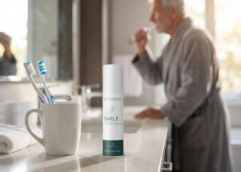 A white cup holding blue and white toothbrushes sits on a bathroom counter next to a bottle labeled Smile. In the blurred background, an older man in a robe brushes his teeth by the sink. toothpaste for receding gums and sensitivity