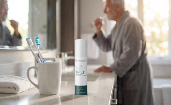 A white cup holding blue and white toothbrushes sits on a bathroom counter next to a bottle labeled Smile. In the blurred background, an older man in a robe brushes his teeth by the sink. toothpaste for receding gums and sensitivity