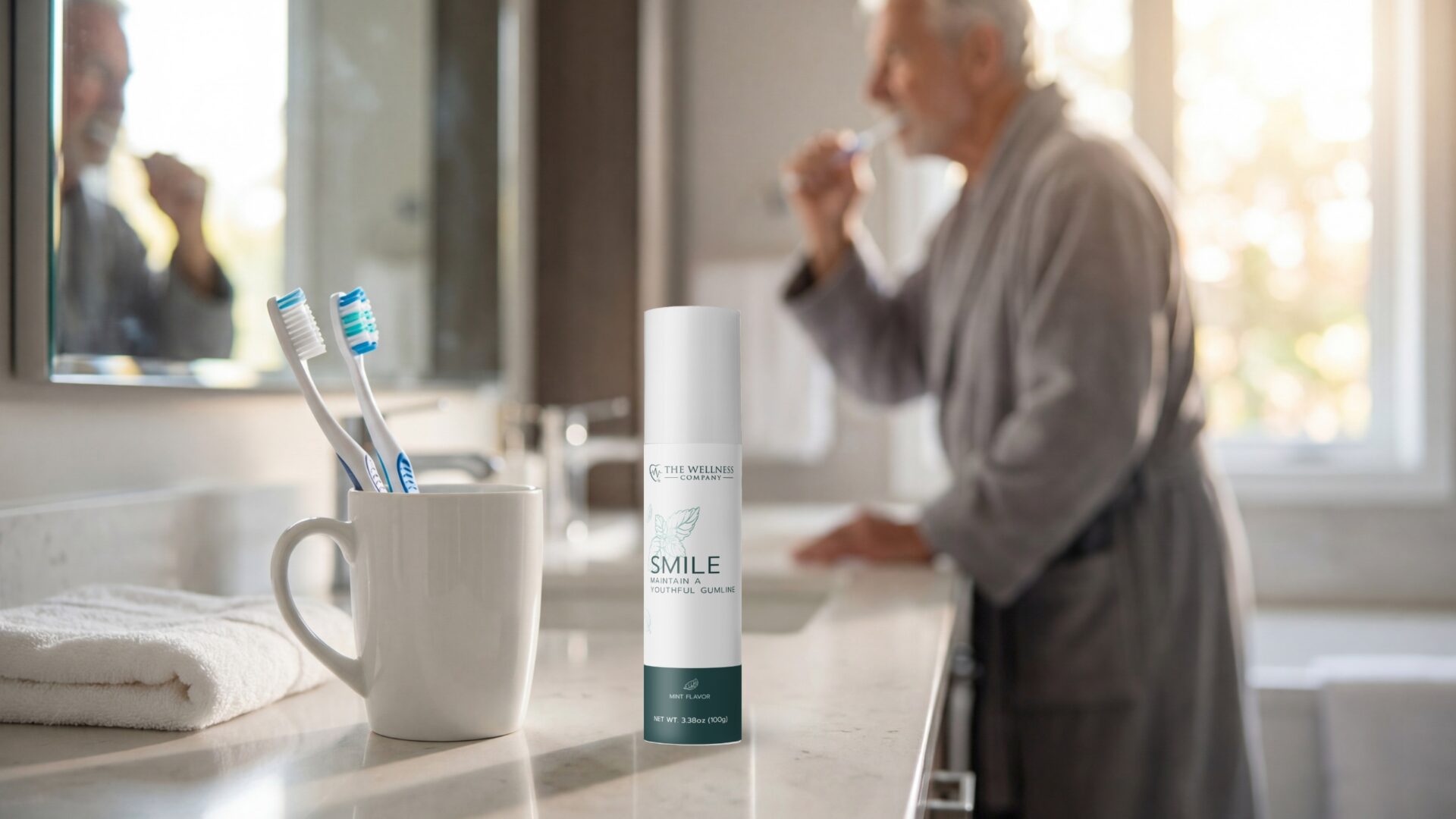 A white cup holding blue and white toothbrushes sits on a bathroom counter next to a bottle labeled Smile. In the blurred background, an older man in a robe brushes his teeth by the sink. toothpaste for receding gums and sensitivity