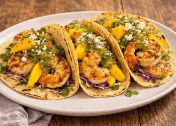 Three corn tortillas filled with grilled shrimp, sliced mango, purple cabbage, cilantro, green salsa, and crumbled cheese are arranged on a white plate on a wooden surface.