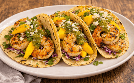 Three corn tortillas filled with grilled shrimp, sliced mango, purple cabbage, cilantro, green salsa, and crumbled cheese are arranged on a white plate on a wooden surface.