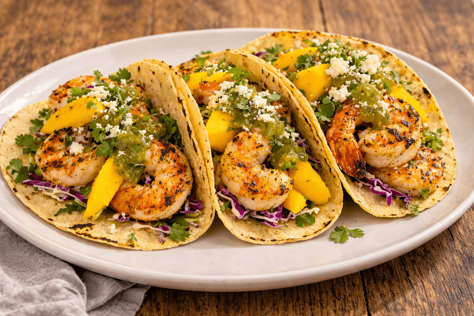 Three corn tortillas filled with grilled shrimp, sliced mango, purple cabbage, cilantro, green salsa, and crumbled cheese are arranged on a white plate on a wooden surface.