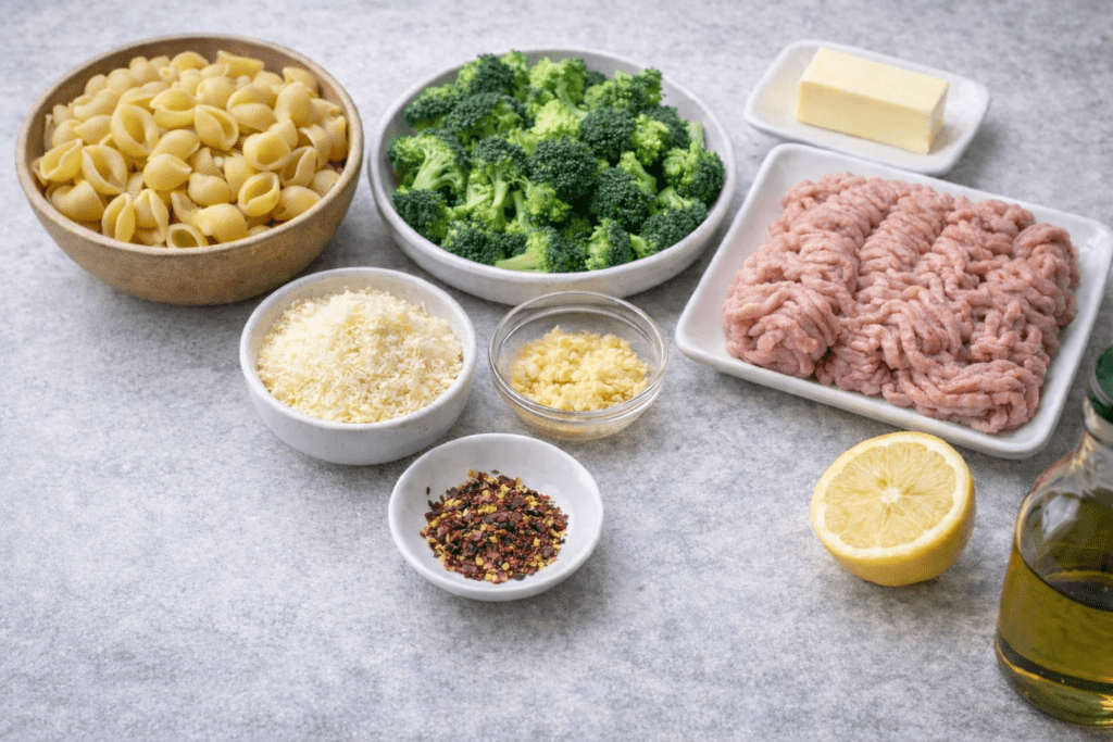 Ingredients arranged on a countertop: pasta shells, broccoli florets, a slab of butter, ground meat, grated cheese, minced garlic, red pepper flakes, half a lemon, and a bottle of olive oil.