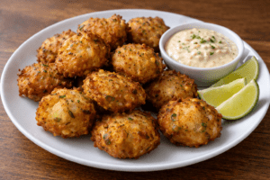 A plate of golden, crispy fritters garnished with herbs, served with a small bowl of creamy dipping sauce and lime wedges on the side, on a wooden table.