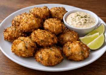 A plate of golden, crispy fritters garnished with herbs, served with a small bowl of creamy dipping sauce and lime wedges on the side, on a wooden table.