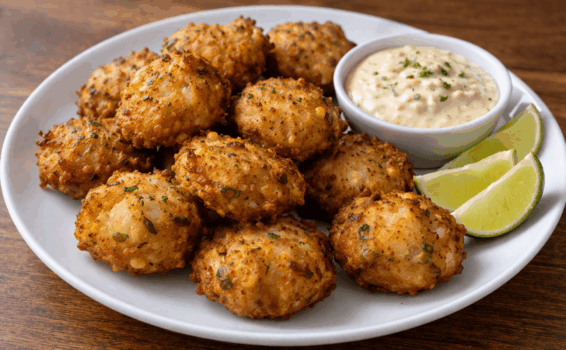 A plate of golden, crispy fritters garnished with herbs, served with a small bowl of creamy dipping sauce and lime wedges on the side, on a wooden table.