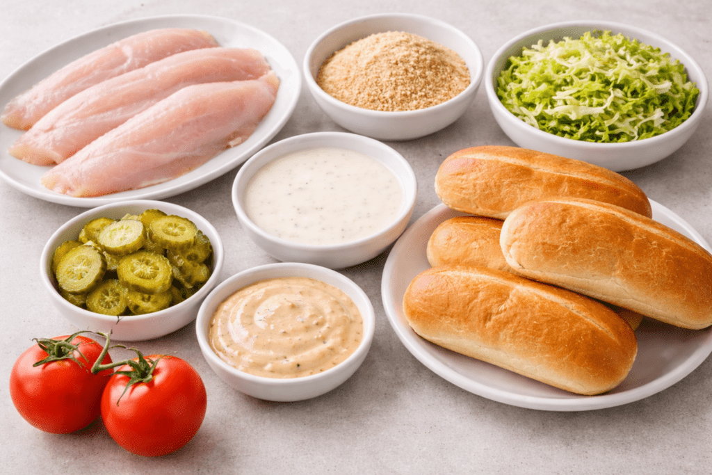 An assortment of ingredients for making Catfish Po Boy sandwiches, including fresh catfish breadcrumbs, shredded lettuce, pickles, sandwich rolls, sliced tomatoes, and two bowls of sauces on a light surface.