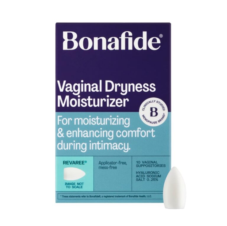 Box of Bonafide Vaginal Dryness Moisturizer with purple and teal design, showing product information and a single white suppository beside the box. A true menopause must have, it highlights moisturizing and comfort benefits.