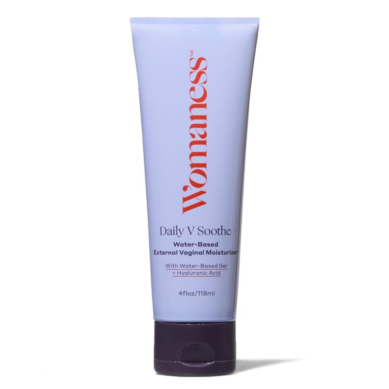 A tube of Womaness Daily V Soothe, a water-based external vaginal moisturizer with hyaluronic acid—one of the menopause must haves. The light purple tube with red and black text contains 4 fl oz (118 ml).