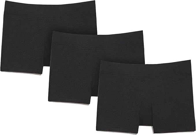 Three pairs of seamless black boyshort underwear, a menopause must have for comfort, are laid flat on a white background in a slightly overlapping pattern.