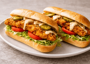 Two crispy catfish po boy sandwiches on a plate, each with lettuce, sliced tomato, pickles, and a drizzle of creamy sauce, all inside a sub roll.