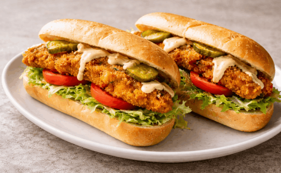 Two crispy catfish po boy sandwiches on a plate, each with lettuce, sliced tomato, pickles, and a drizzle of creamy sauce, all inside a sub roll.