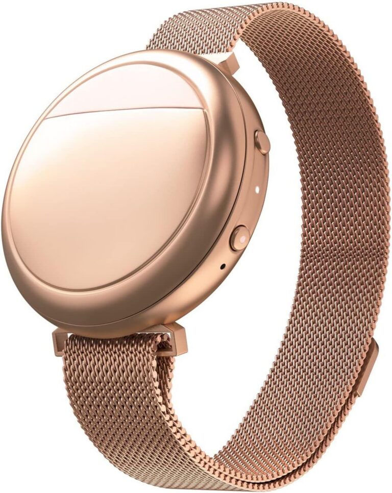 A rose gold smart wristband with a round, smooth, minimalist face and a matching mesh metal strap—one of the menopause must haves for modern women—displayed against a white background.
