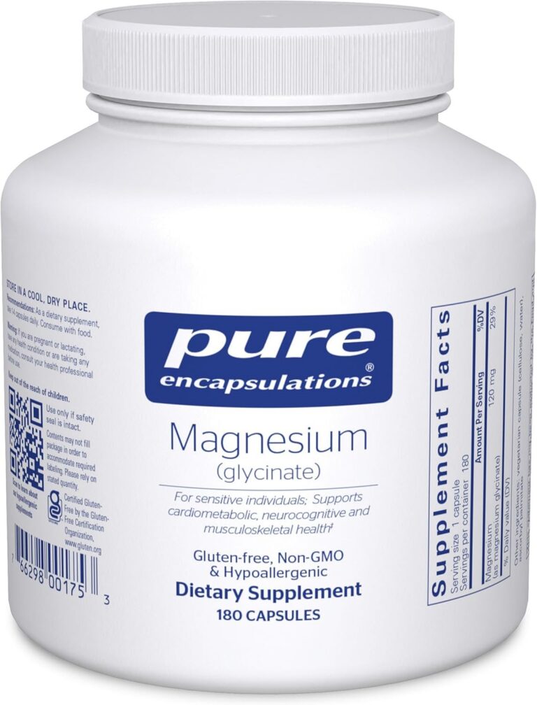 A white bottle of Pure Encapsulations Magnesium (glycinate) dietary supplement, containing 180 capsules. This gluten-free, non-GMO, hypoallergenic formula supports various health functions and is one of the menopause must haves.