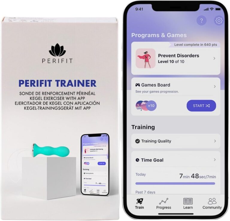A Perifit Trainer box, a menopause must have, is shown next to a smartphone displaying the Perifit app. The box features the blue device and app image, while the phone screen shows training progress and health programs within the app.