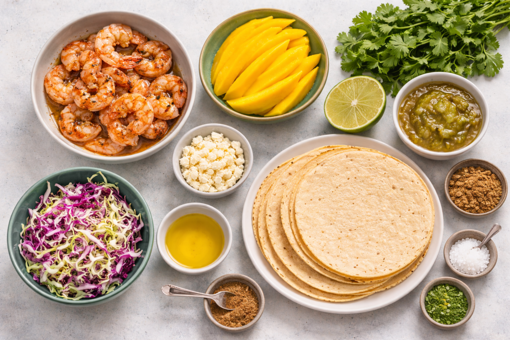 A flat lay of taco ingredients: cooked shrimp, sliced mango, lime, shredded cabbage, cotija cheese, corn tortillas, salsa, fresh cilantro, and small bowls of oil, salt, ground spices, and herbs.