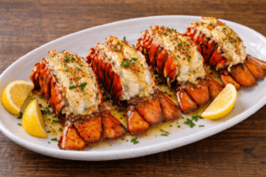 Four broiled lobster tails on a white oval plate, garnished with chopped parsley and accompanied by lemon wedges, with melted butter sauce drizzled on top. The plate rests on a wooden table.