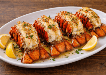 Four broiled lobster tails on a white oval plate, garnished with chopped parsley and accompanied by lemon wedges, with melted butter sauce drizzled on top. The plate rests on a wooden table.