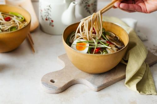 Ramen bowl with egg and mushrooms