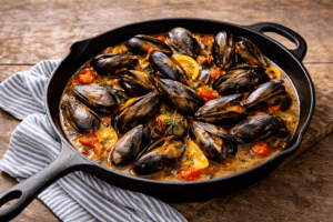 A cast-iron skillet filled with cooked mussels in a broth with cherry tomatoes, lemon slices, and herbs, resting on a blue and white striped cloth on a wooden surface.