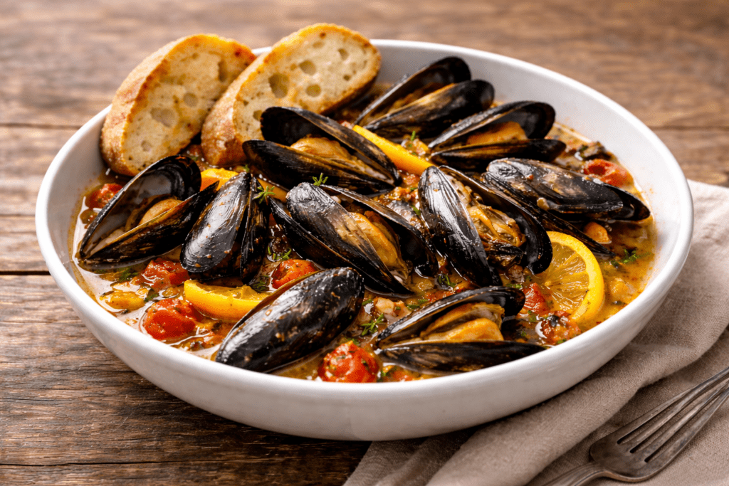 A bowl of mussels in a tomato-based broth with lemon slices and herbs, garnished with two pieces of toasted bread, set on a wooden table with a beige napkin.