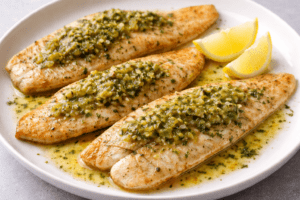 Three fillets of fish topped with a green herb sauce are arranged on a white plate, accompanied by two lemon wedges. The fish sits in a pool of seasoned oil or sauce.