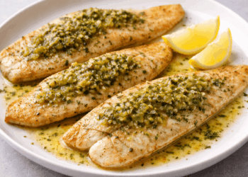 Three fillets of fish topped with a green herb sauce are arranged on a white plate, accompanied by two lemon wedges. The fish sits in a pool of seasoned oil or sauce.