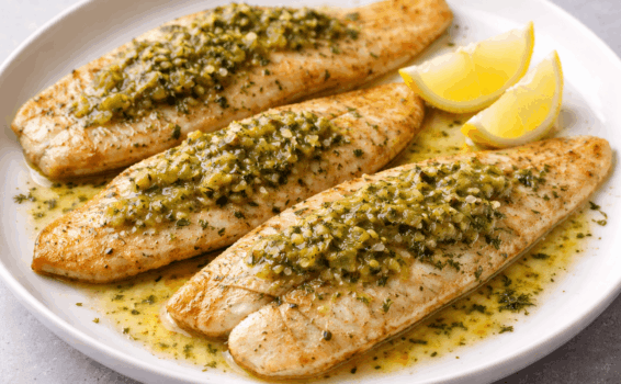 Three fillets of fish topped with a green herb sauce are arranged on a white plate, accompanied by two lemon wedges. The fish sits in a pool of seasoned oil or sauce.