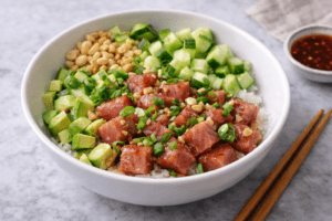 A poke bowl with diced raw fish, avocado, cucumber, peanuts, and green onions on white rice, served with soy sauce on the side and wooden chopsticks placed nearby.