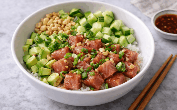 A poke bowl with diced raw fish, avocado, cucumber, peanuts, and green onions on white rice, served with soy sauce on the side and wooden chopsticks placed nearby.