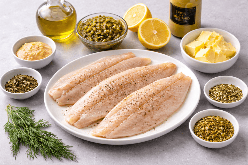 Three raw fish fillets seasoned with pepper and salt on a plate, surrounded by bowls of spices, herbs, Dijon mustard, butter, caper sauce, fresh dill, olive oil, and halved lemons on a light surface.