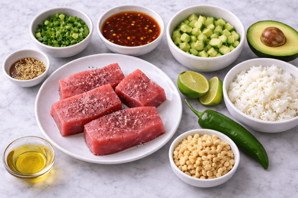 A marble surface with bowls of chopped green onions, soy sauce, diced cucumber, half an avocado, sesame seeds, oil, lime halves, sliced chili, crispy rice puffs, cooked white rice, and plate of raw tuna steaks with pepper.