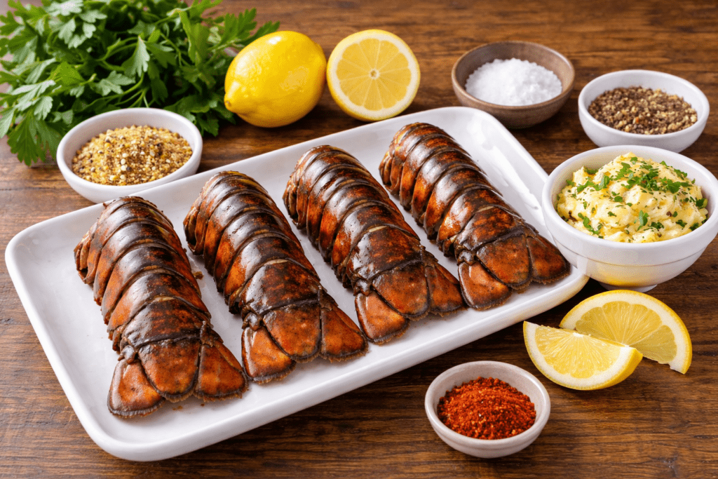 A white platter with six cooked lobster tails is surrounded by bowls of seasoning, a dish of herbed butter, lemon wedges, and fresh parsley on a wooden table.