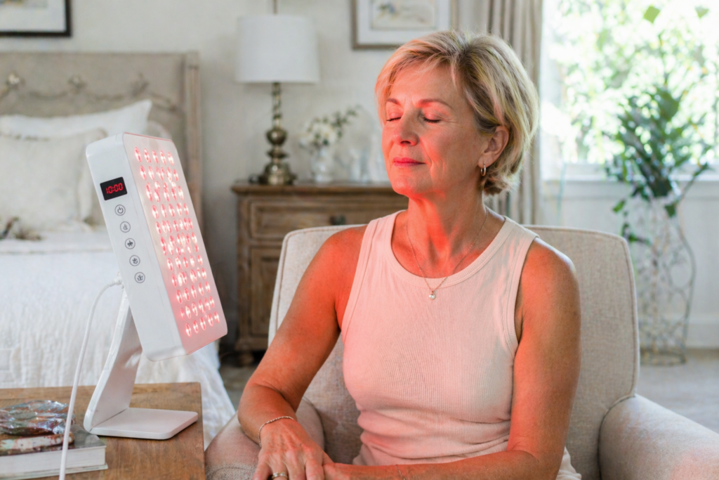 A woman sits in a cozy, well-lit room with her eyes closed, facing a tabletop red light therapy panel emitting red light onto her face. She appears relaxed and at ease.