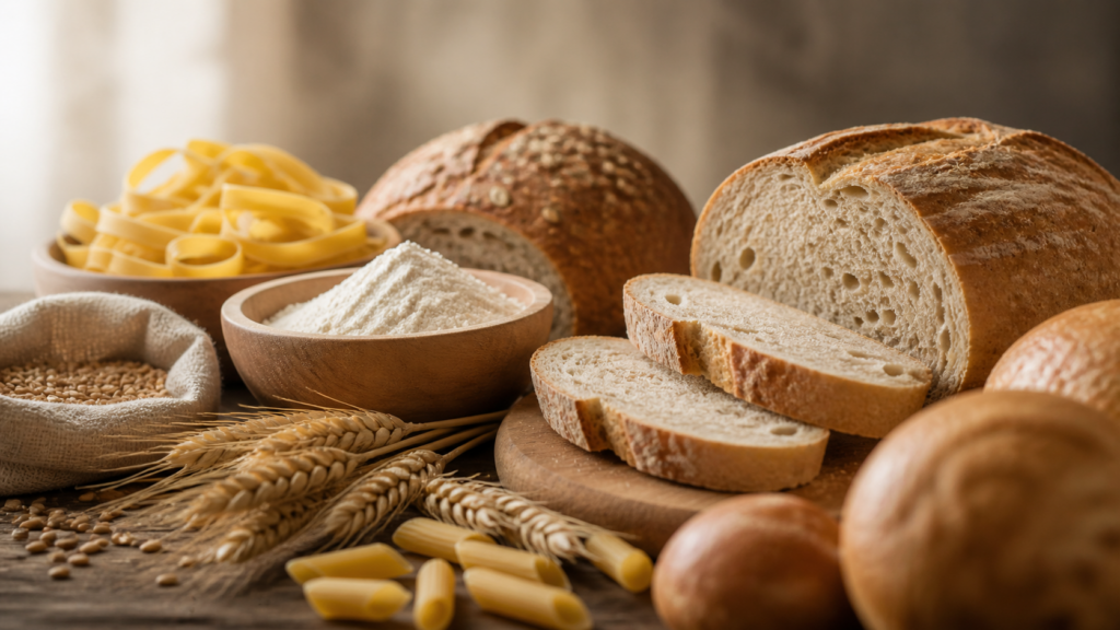 A variety of breads, pasta, flour in a wooden bowl, wheat grains, and wheat stalks are arranged on a rustic wooden surface, creating a display of common wheat-based foods.