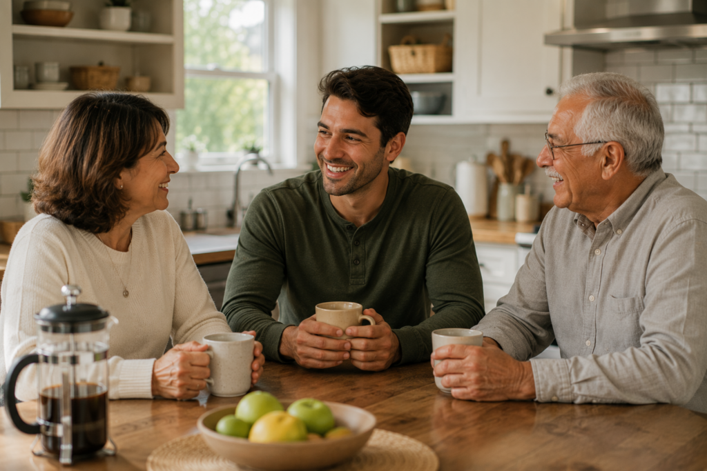 Three people, two older adults and one younger adult, sit at a kitchen table smiling and holding coffee mugs. A French press and a bowl of green apples are on the table. The kitchen is bright and cozy.
