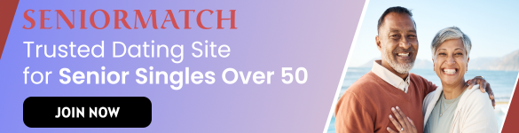 Banner ad for SeniorMatch, a dating site for senior singles over 50, featuring a smiling older couple standing together by the water. There is a Join Now button on the left side of the image.