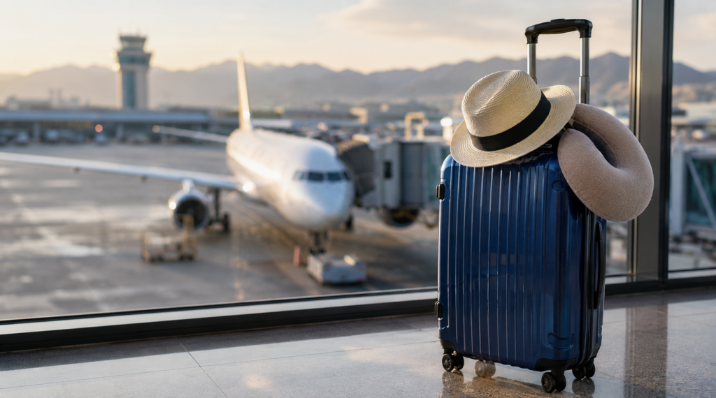 A blue suitcase with a straw hat and neck pillow rests by an airport window, overlooking a parked airplane on the tarmac with mountains and an air traffic control tower in the background at sunrise or sunset.