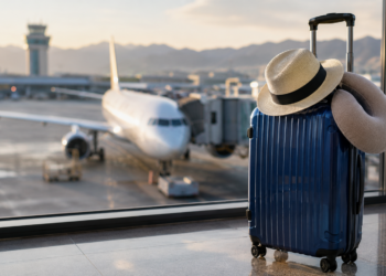 A blue suitcase with a straw hat and neck pillow rests by an airport window, overlooking a parked airplane on the tarmac with mountains and an air traffic control tower in the background at sunrise or sunset.