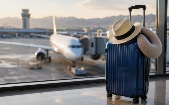 A blue suitcase with a straw hat and neck pillow rests by an airport window, overlooking a parked airplane on the tarmac with mountains and an air traffic control tower in the background at sunrise or sunset.