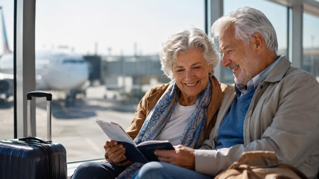 An older couple sits together at an airport terminal, smiling while looking at travel documents, a passport, and their travel insurance. A suitcase is by their side, and an airplane is visible through the window behind them.