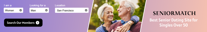 Banner ad for SeniorMatch dating site showing profile search options and a smiling older couple embracing outdoors, with text: Best Senior Dating Site for Singles Over 50.