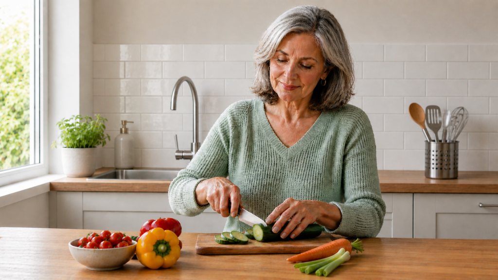 An older woman with gray hair sits in a bright kitchen, slicing a cucumber on a wooden board. Fresh vegetables, including carrots, tomatoes, and a yellow pepper, are on the counter in front of her.