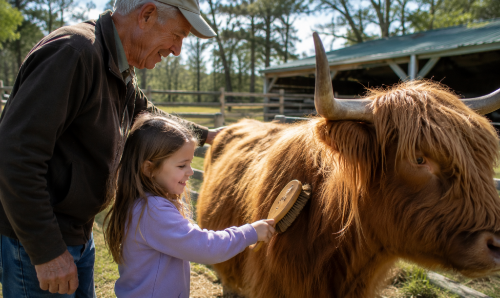 An older man and a young girl smile as the girl brushes a large, long-haired cow with curved horns in a sunny farmyard. Trees and a barn are visible in the background.