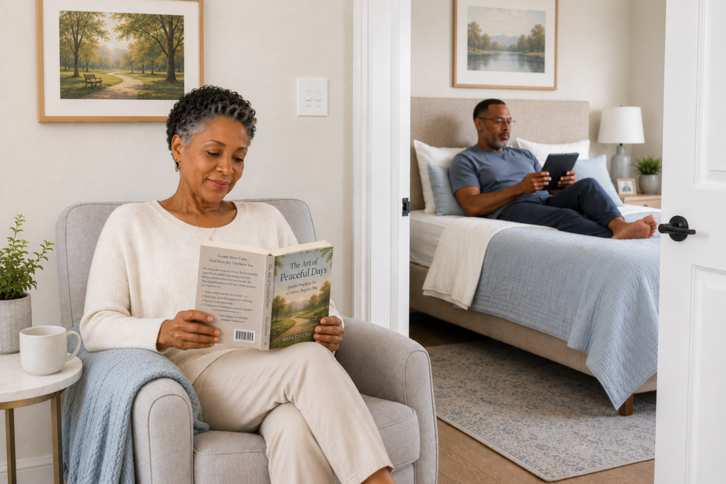 A woman sits in an armchair reading The Art of Peaceful Days, while her husband relaxes on a bed in the background with a tablet—a cozy scene reflecting their separate bedrooms marriage.